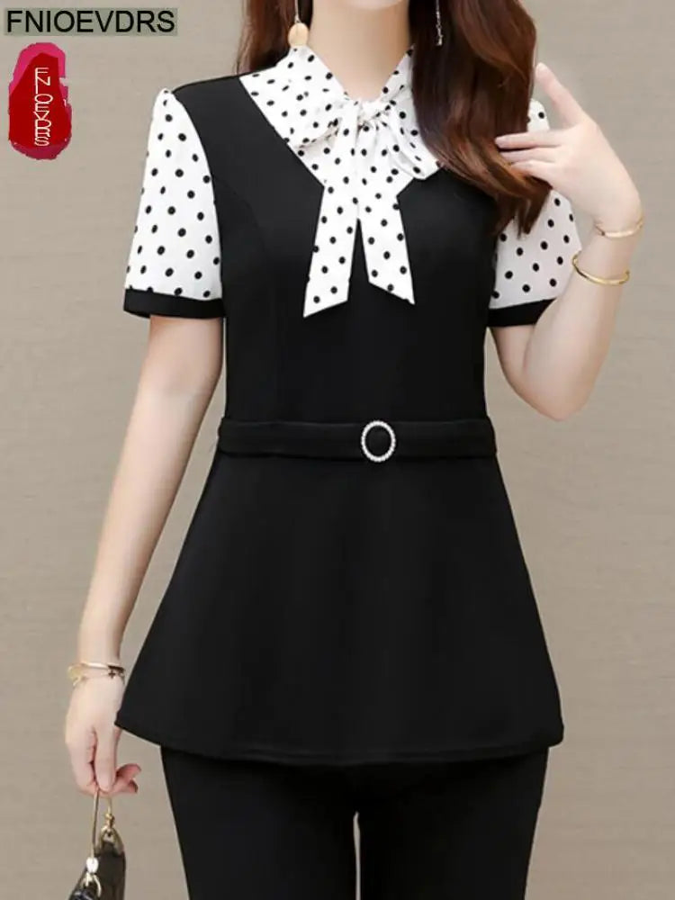 Eleganza Sommer Damen Vintage Lockeres Peplum Top mit Schwarzer Schleife