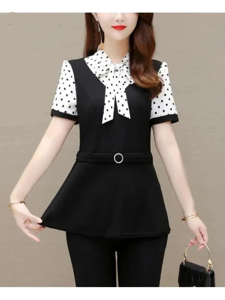 Eleganza Sommer Damen Vintage Lockeres Peplum Top mit Schwarzer Schleife