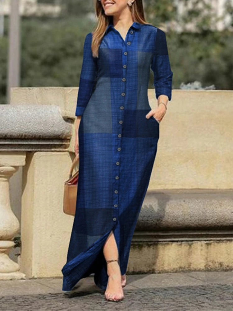 BloesemBries Katoenen en Linnen Zomerjurk met Gedrukt Ruitpatroon