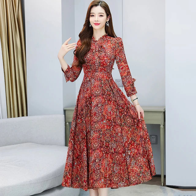 ModeMagie Rode Bloemen Midi Jurk met Lange Mouwen