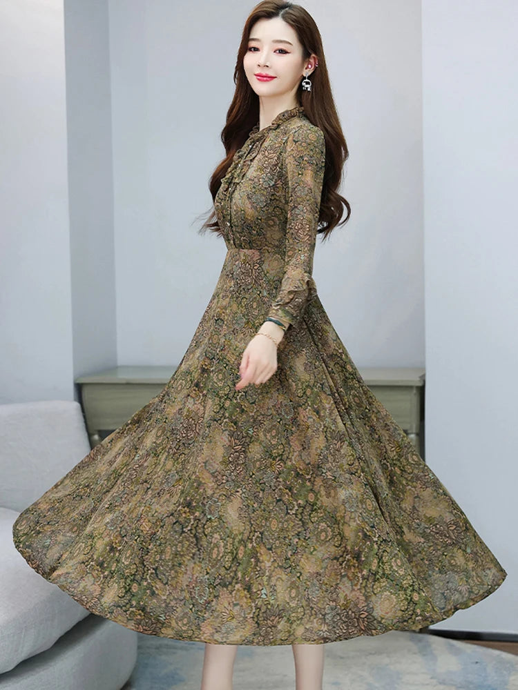 ModeMagie Rode Bloemen Midi Jurk met Lange Mouwen