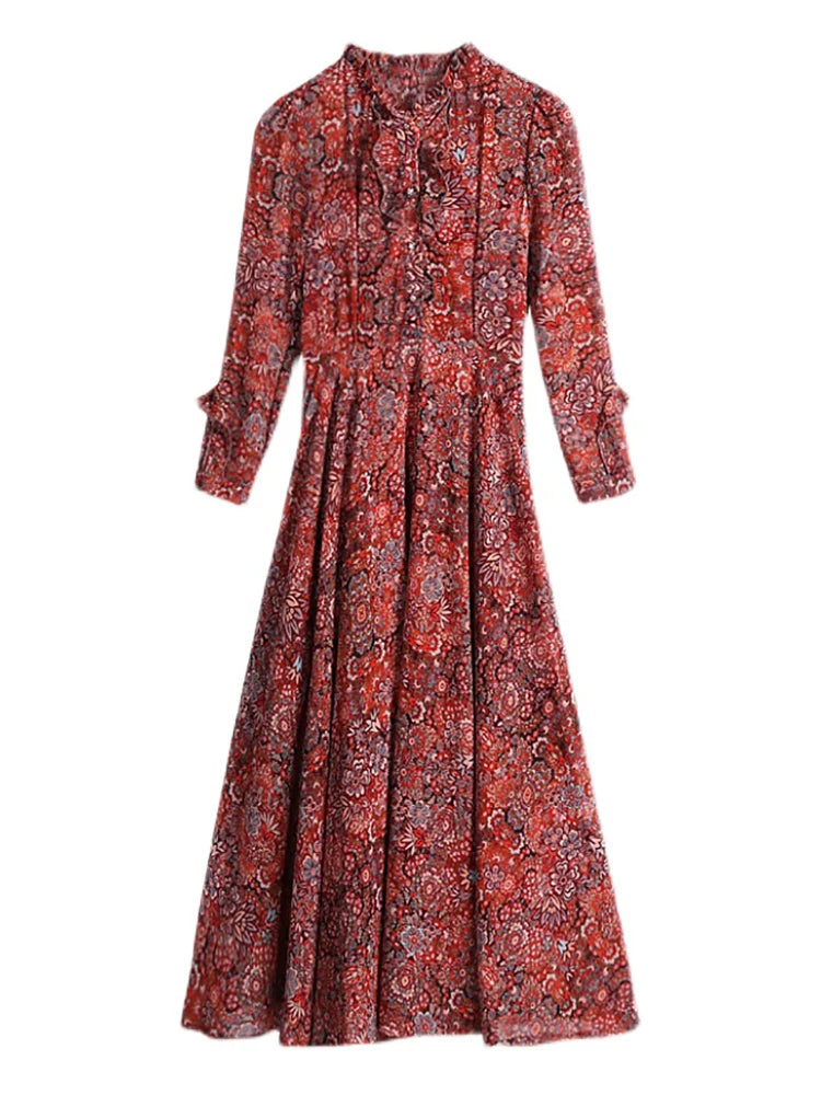 ModeMagie Rode Bloemen Midi Jurk met Lange Mouwen