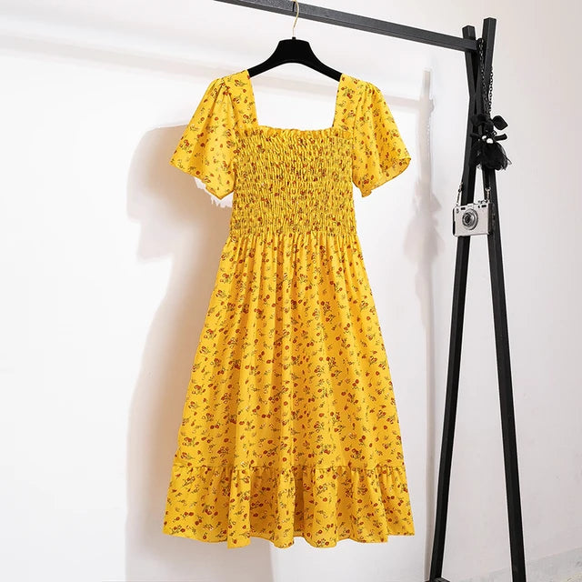 Sommerlicher Blumenmuster Chiffon Midi Kleid