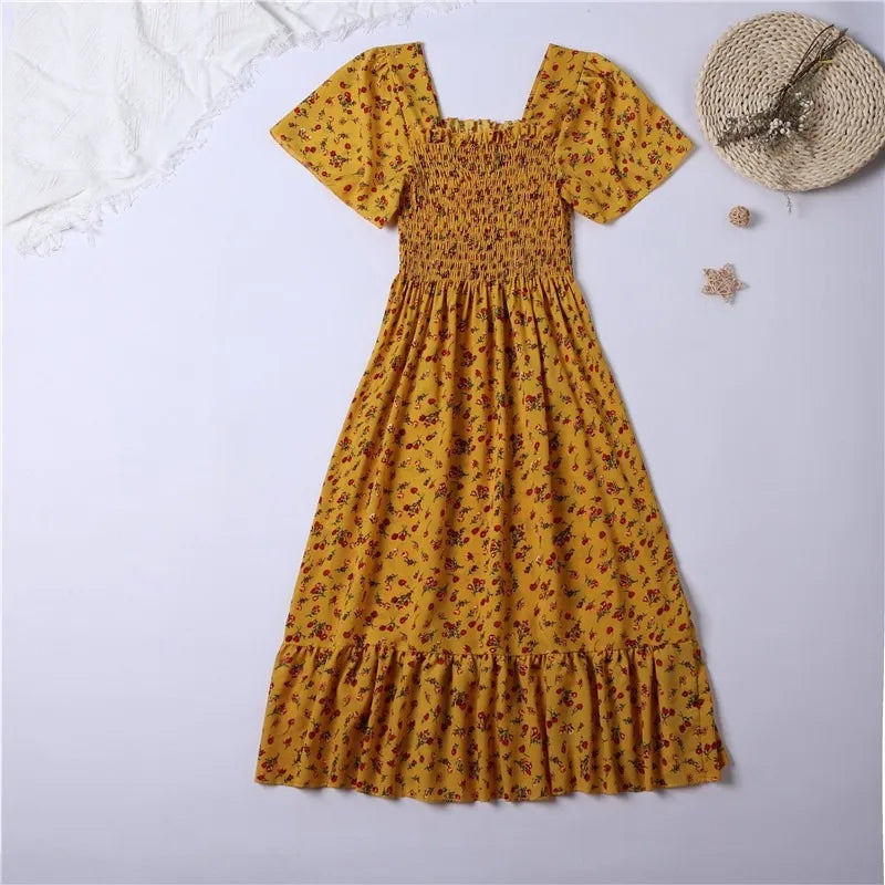 Sommerlicher Blumenmuster Chiffon Midi Kleid