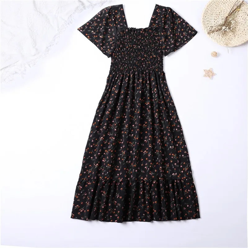 Sommerlicher Blumenmuster Chiffon Midi Kleid