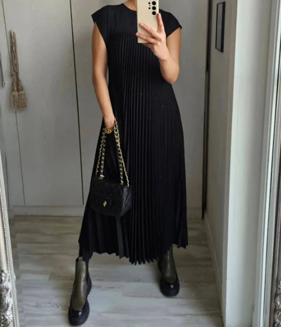 Elegant Lens-Summer Solid Color Long Dress with Large Hemline Pockets