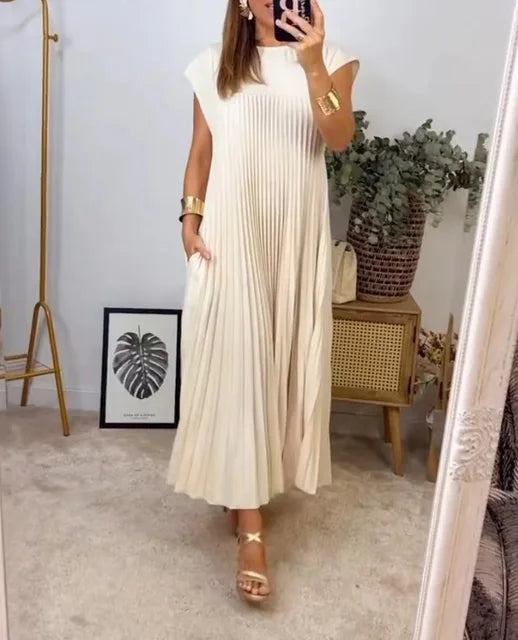 Elegant Lens-Summer Solid Color Long Dress with Large Hemline Pockets