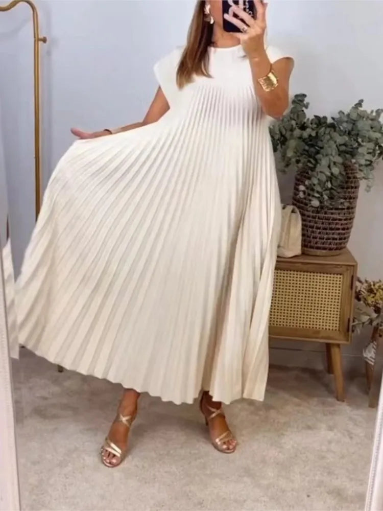 Elegant Lens-Summer Solid Color Long Dress with Large Hemline Pockets
