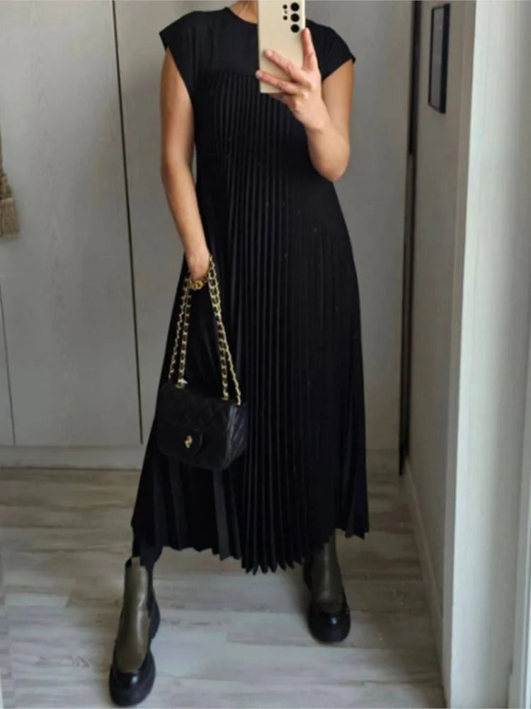 Elegant Lens-Summer Solid Color Long Dress with Large Hemline Pockets