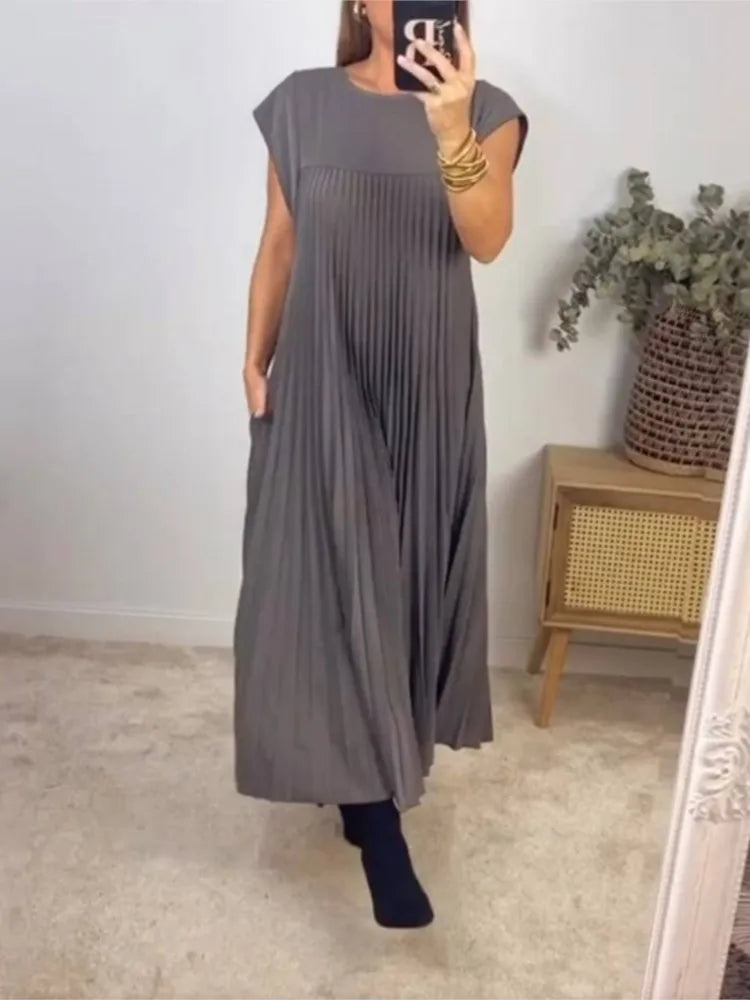 Elegant Lens-Summer Solid Color Long Dress with Large Hemline Pockets