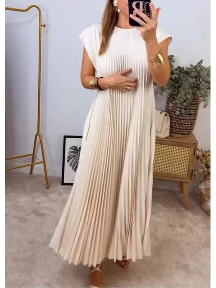 Elegant Lens-Summer Solid Color Long Dress with Large Hemline Pockets
