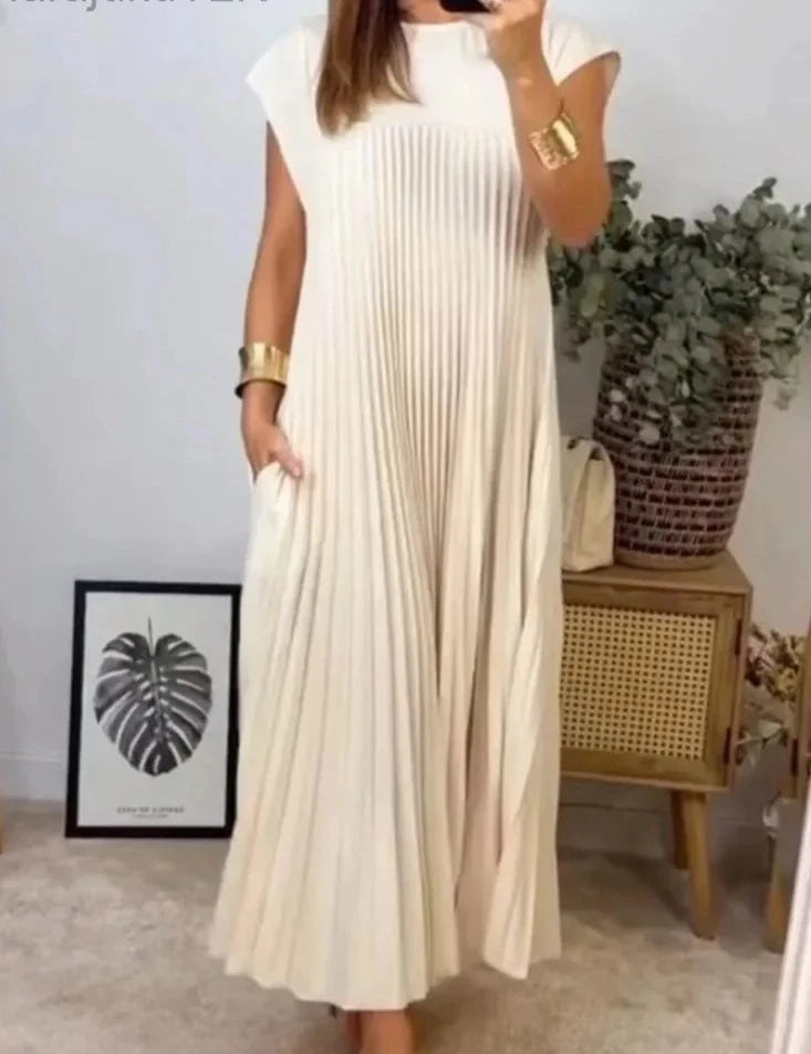 Elegant Lens-Summer Solid Color Long Dress with Large Hemline Pockets