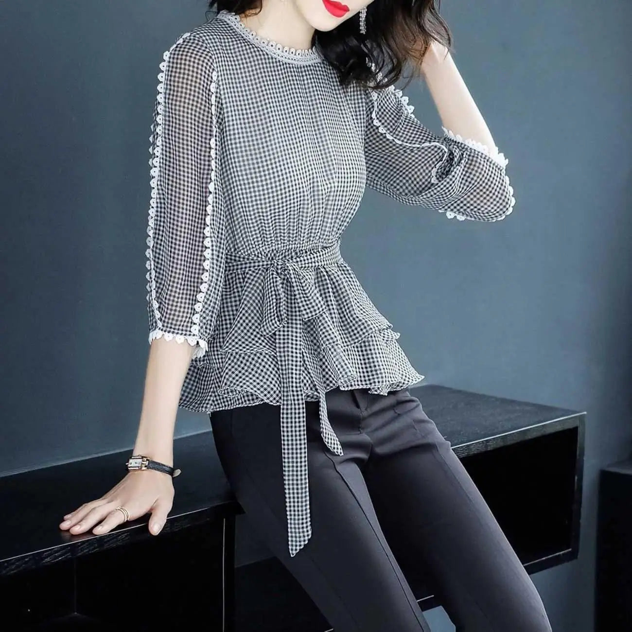 Zomer Ruches Geruite Blouse met 3/4 Mouwen