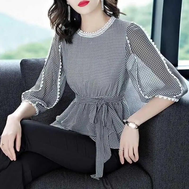 Zomer Ruches Geruite Blouse met 3/4 Mouwen