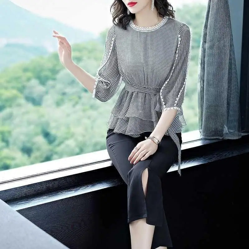 Zomer Ruches Geruite Blouse met 3/4 Mouwen