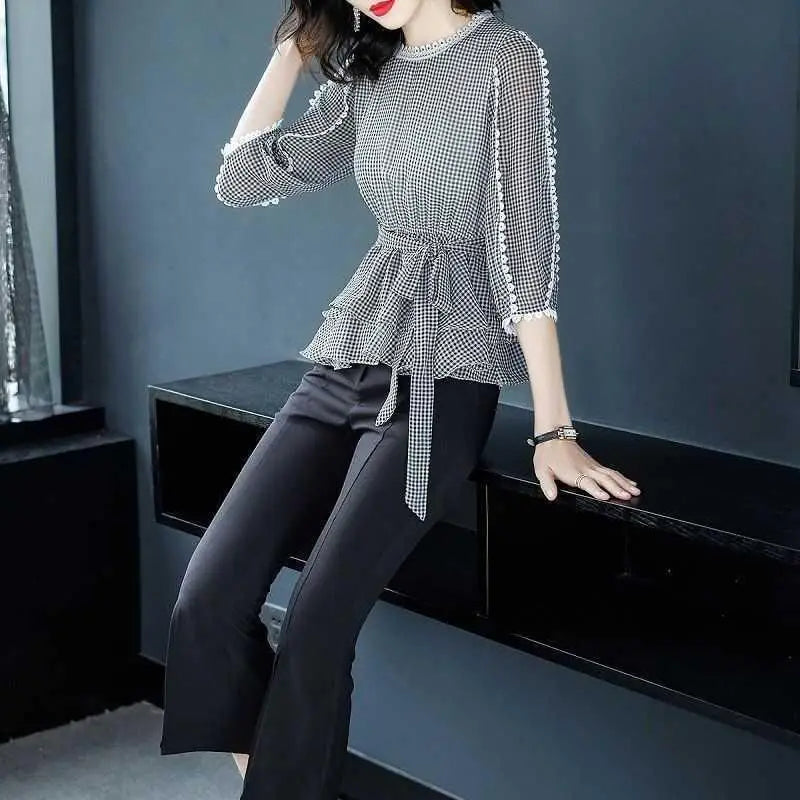 Zomer Ruches Geruite Blouse met 3/4 Mouwen