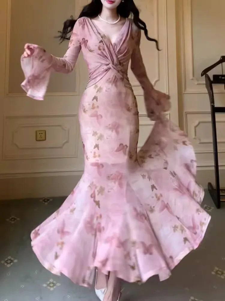 Luxus Frühling Sommer Bodycon Schlank Druck Lang Kleid