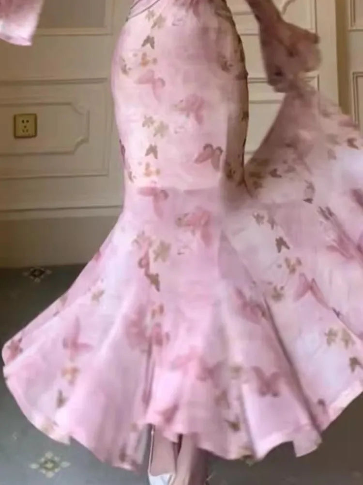 Luxus Frühling Sommer Bodycon Schlank Druck Lang Kleid