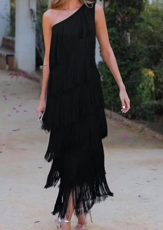 Lina | Elegante jurk met halve mouwen en franjes