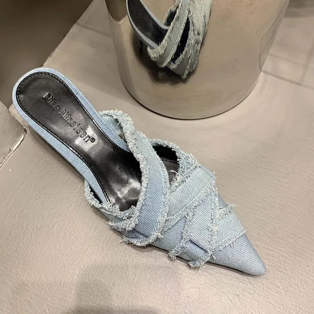 Lumenza sandalen in blauwe stof met franjes, comfortabele hakken, elegante stijl.