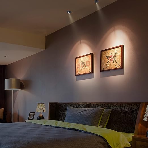 Twee energiezuinige LumiaPro spotlights verlichten kunstwerken aan de muur in een slaapkamer, waardoor een gezellige sfeer ontstaat met gerichte verlichting op de schilderijen.