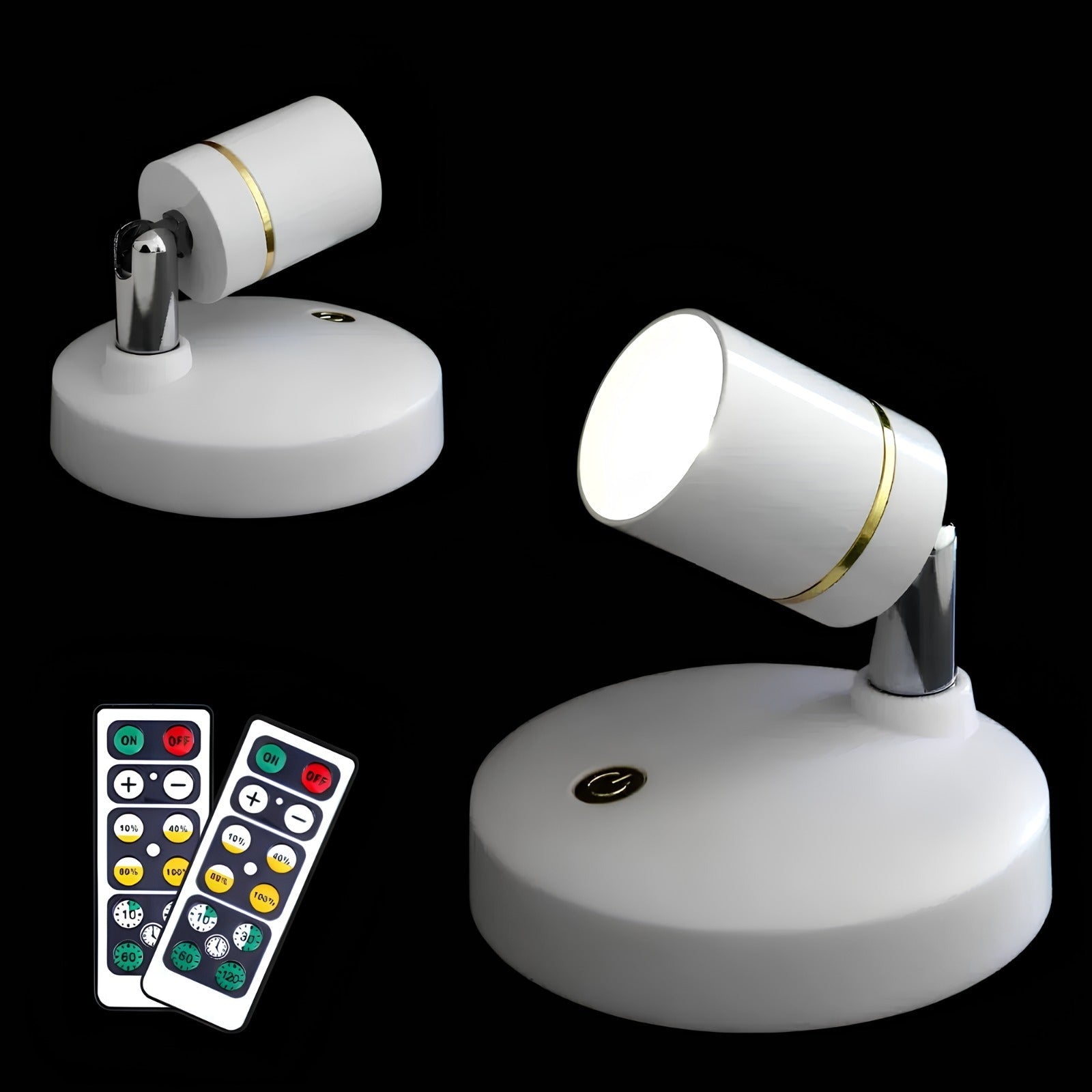 Een LumiaPro energiezuinige spotlight met een moderne, witte design, vergezeld van twee afstandsbedieningen voor het aanpassen van de lichtsterkte en kleurtint, ideaal voor het creëren van de gewenste sfeer.