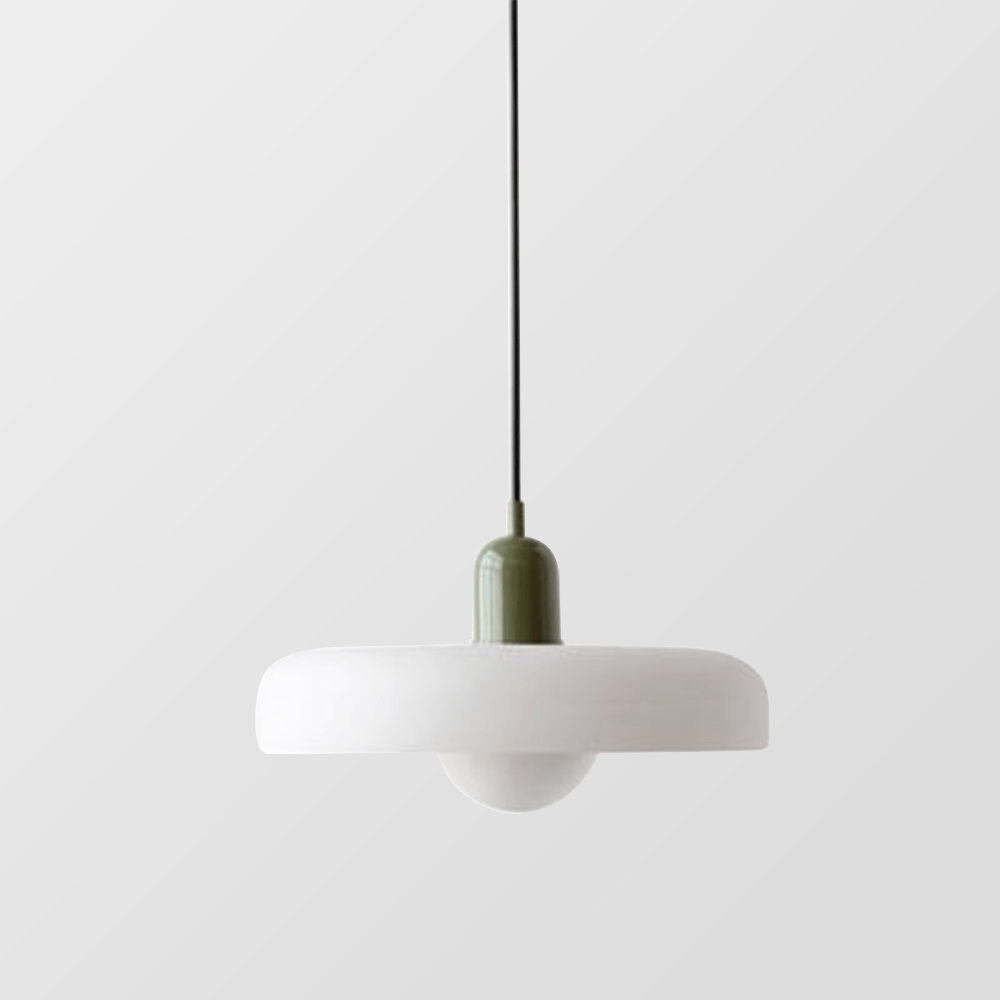 Stijlvolle Luminezza Living Hanglamp met kleurrijk design, voorzien van een witte kap en olijfgroene afwerking, perfect voor moderne interieurs.