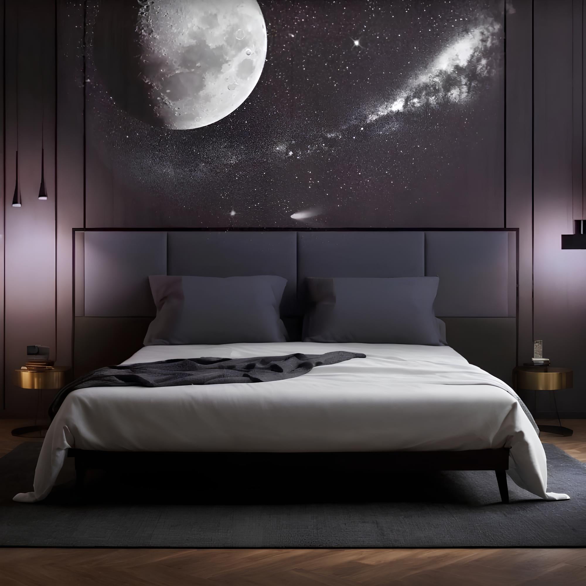 Lunar Glow space projectie licht creëert een betoverend sterrenhemel- en maaneffect op de muur boven je bed, waardoor je slaapkamer een rustgevende en magische sfeer krijgt, perfect voor ontspanning en droomachtige nachten.