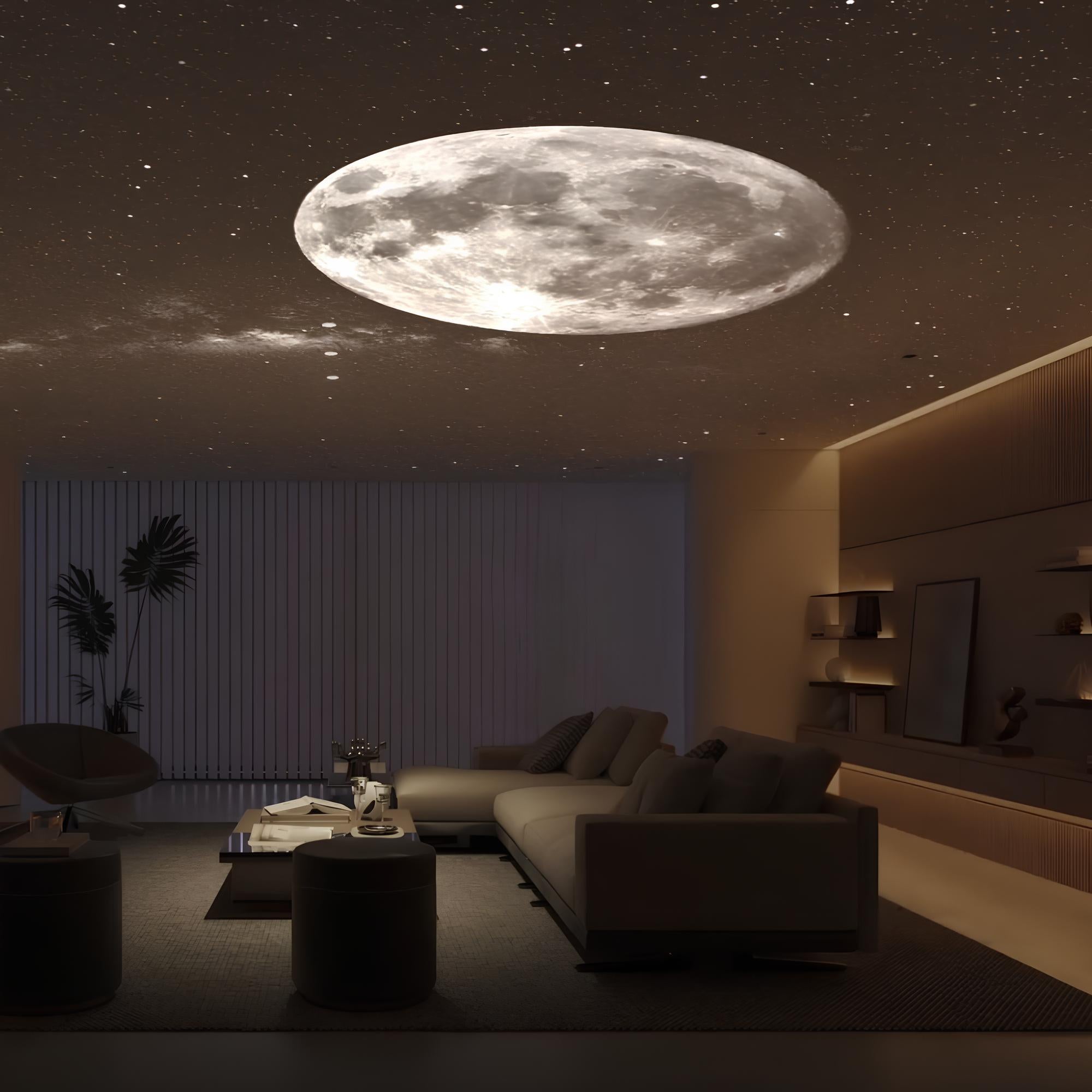Lunar Glow projectie licht creëert een adembenemend sterrenhemel effect op het plafond, met de maan en sterren die een rustgevende en magische sfeer in uw woonkamer brengen.