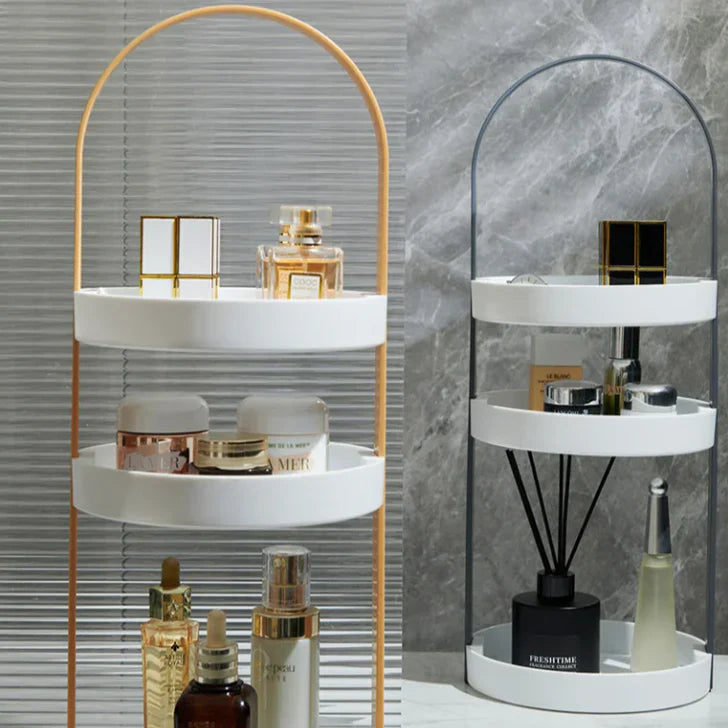 Luneva kosmetiek-organizer met twee niveaus en een stijlvolle metalen boog in goud en zwart. Perfect voor het organiseren van parfum, huidverzorging en make-up. Een elegante en praktische toevoeging aan je badkamer of slaapkamer.