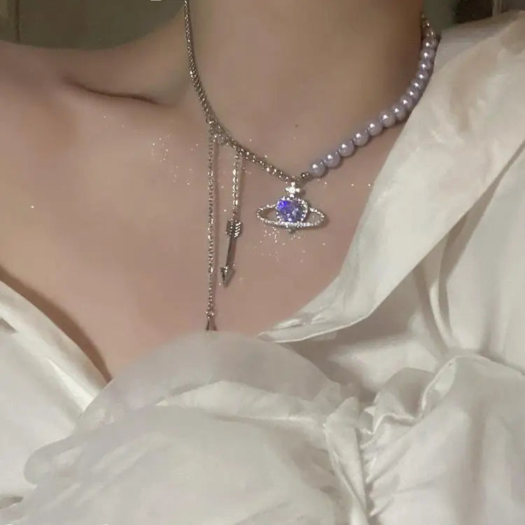 Collana perle pianeta viola di lusso per donne