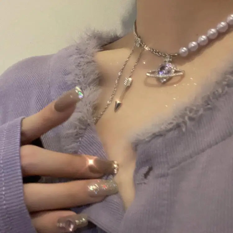 Collana perle pianeta viola di lusso per donne