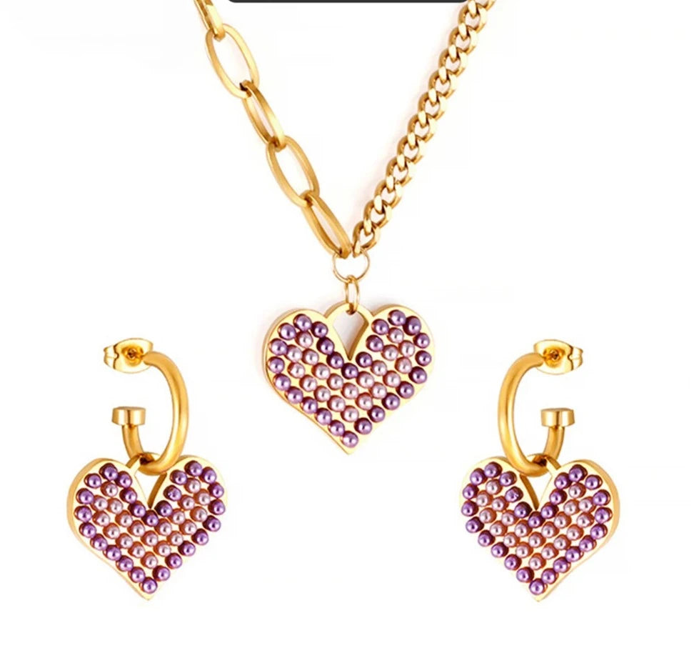 Luxe Stalen Sieradenset Voor Vrouwen met Hart Hanger en Parels