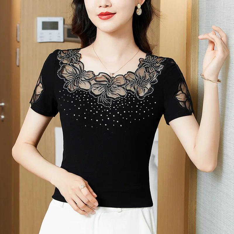 Summer Short Sleeve O-neck Women's T-shirt with Elegant Slim Hollowed Drill Mesh Tops Blouses.