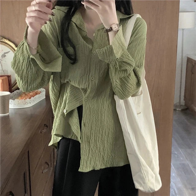 Oversized Groene Blouse - Vintage Stijl