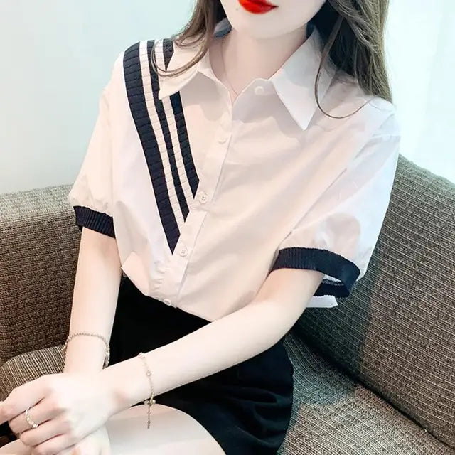 Luna's Mode past bij Contrast Kleur Omgeslagen Kraag Shirt voor Vrouwen!