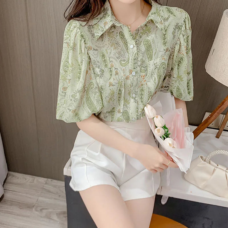 Blusa de verano elegante con estampado y cuello con solapas para mujer