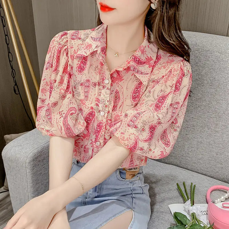 Blusa de verano elegante con estampado y cuello con solapas para mujer