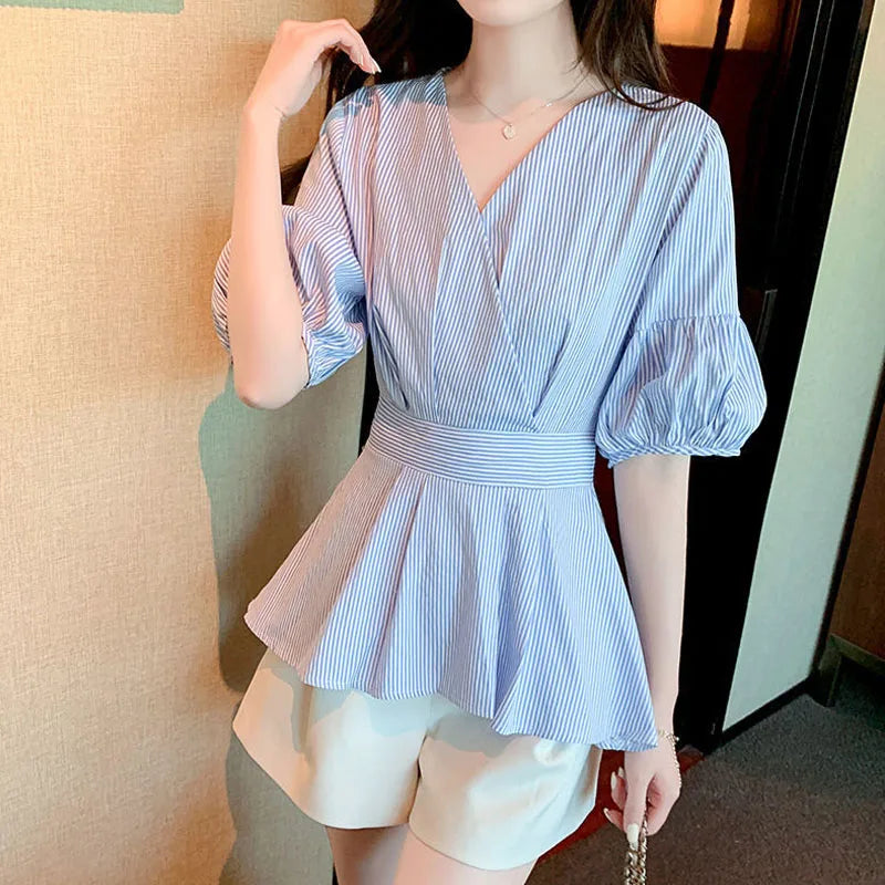 Zephyr Elegante Dames Lantaarnmouw Gestreepte Blouses met Ruches