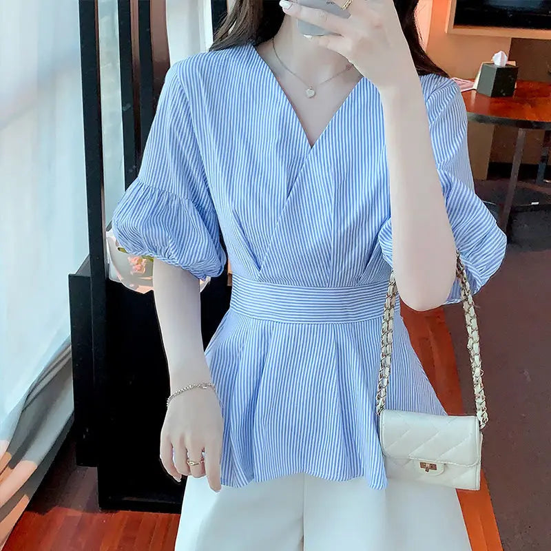 Zephyr Elegante Dames Lantaarnmouw Gestreepte Blouses met Ruches