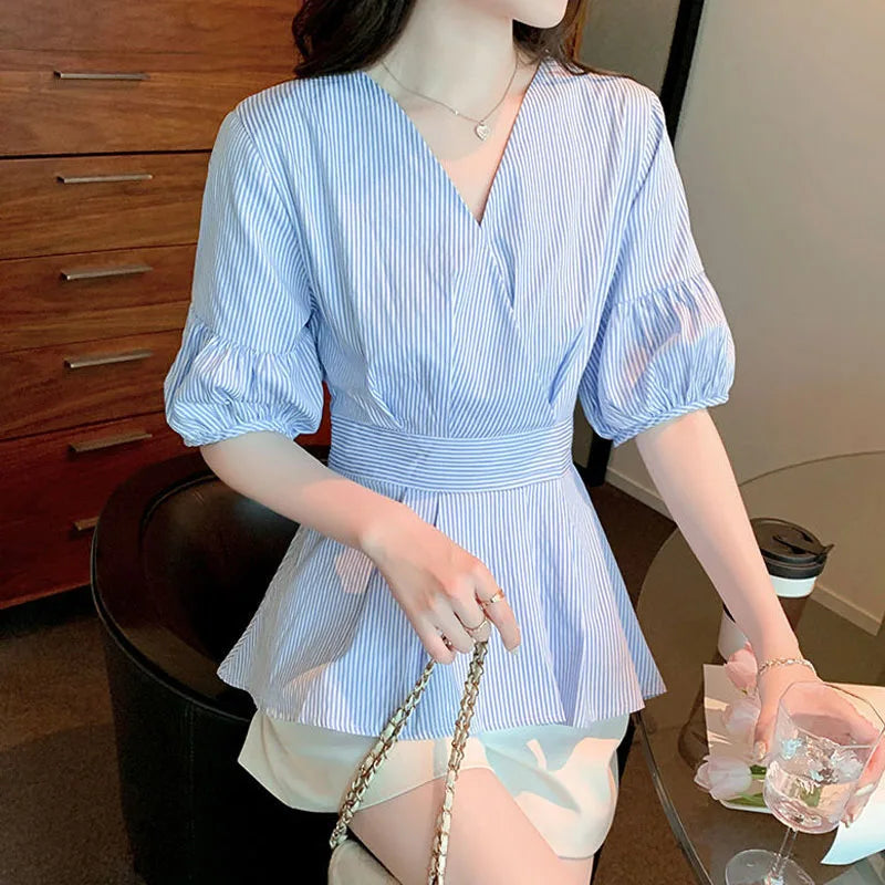 Zephyr Elegante Dames Lantaarnmouw Gestreepte Blouses met Ruches