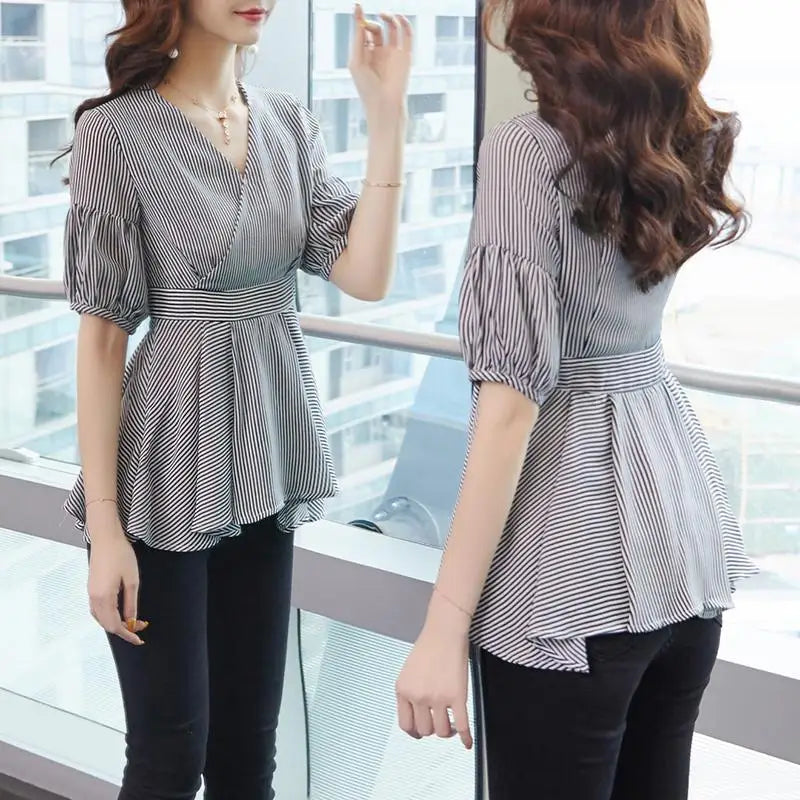 Zephyr Elegante Dames Lantaarnmouw Gestreepte Blouses met Ruches