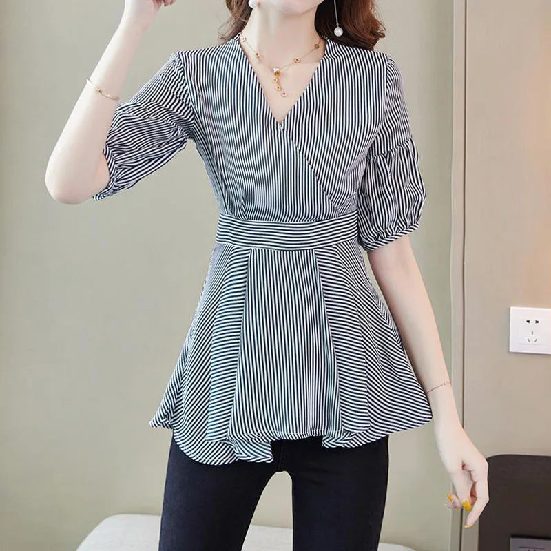 Zephyr Elegante Dames Lantaarnmouw Gestreepte Blouses met Ruches