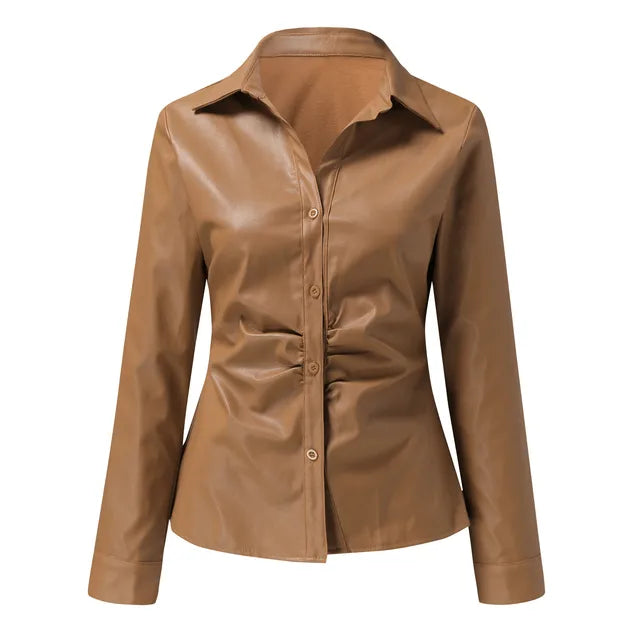 Modieuze Lederen Blouse met Lange Mouwen