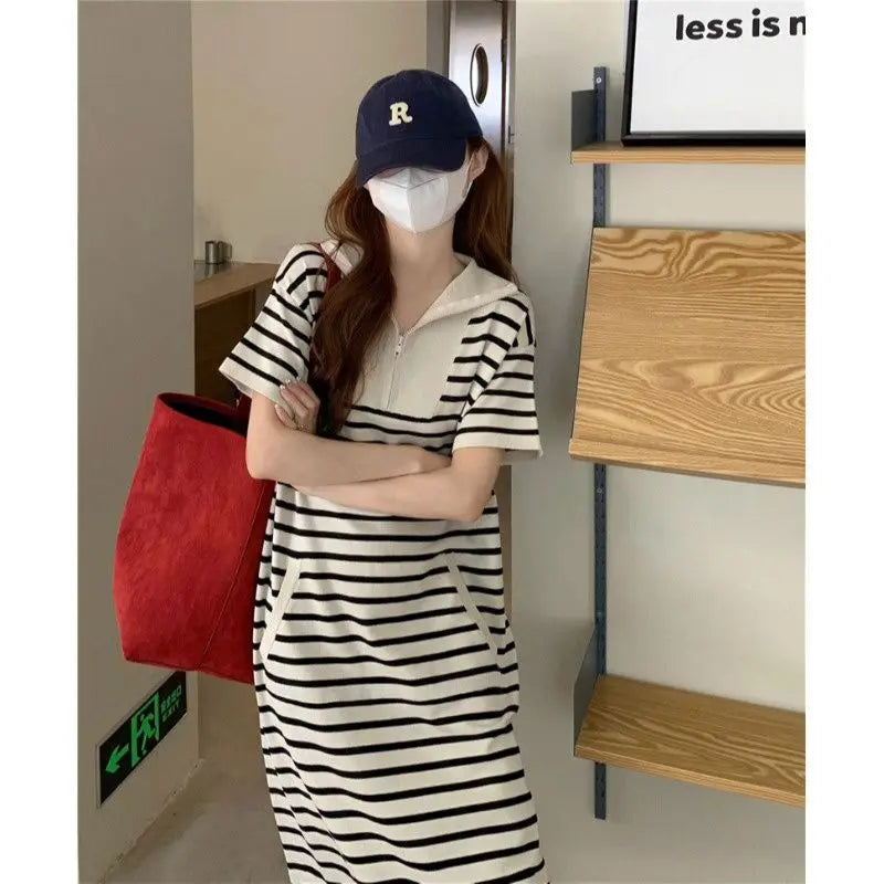 Gestreepte Casual Midi Jurk Met Rits
