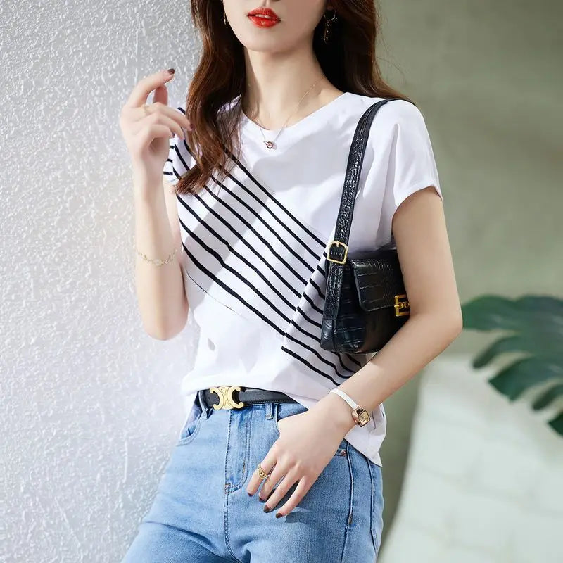 Camicia a righe con maniche a pipistrello divise stampata estiva - Camicia coreana larga