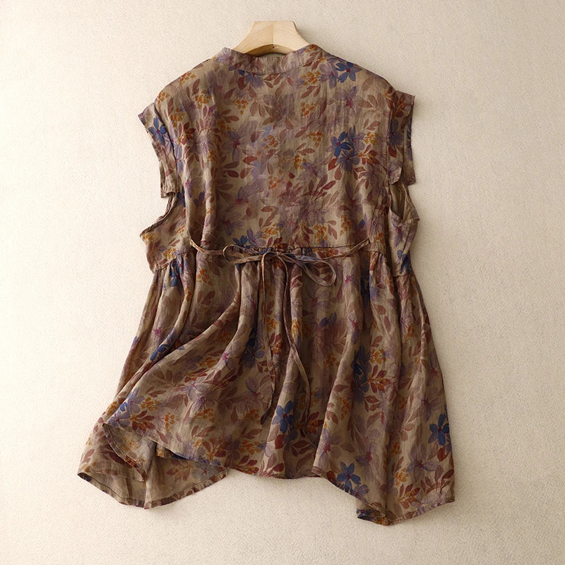 Female Vintage Floral Print Linen Blouse
