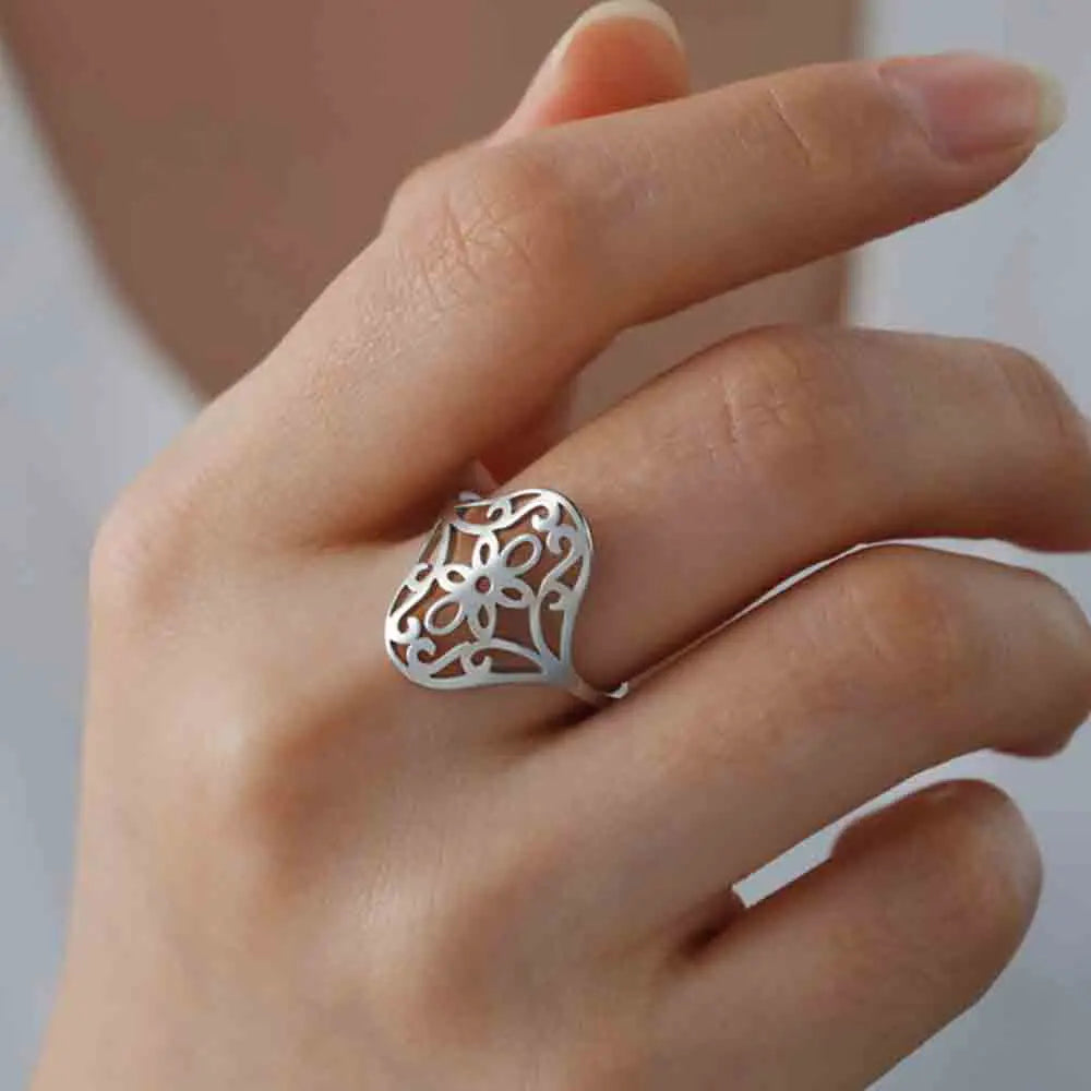 Bloem Filigree Ring van Glimmend Staal