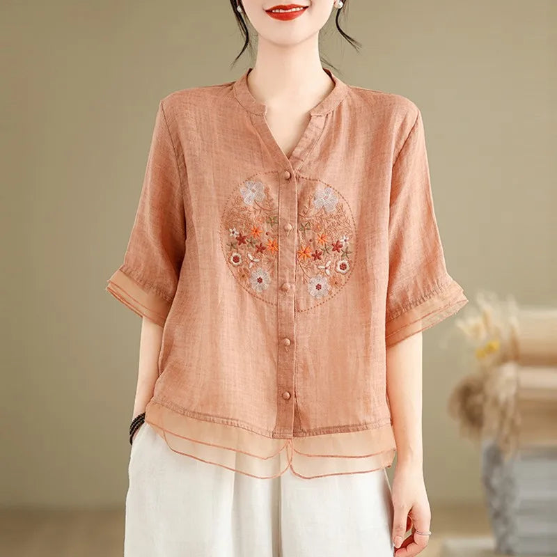 FloraFashion Blusa Vintage Estiva con Scollo a V