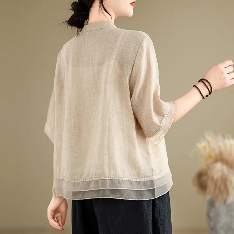 FloraFashion Blusa Vintage Estiva con Scollo a V